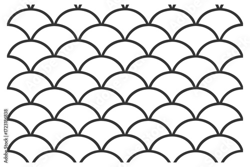 Black and white repeating scallop shell pattern on a white background Keywords: pattern, scallop, shell, geometric, abstract, design, background