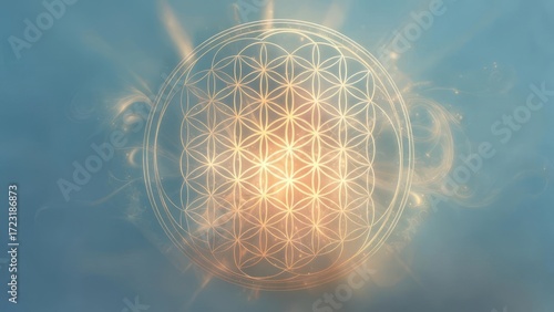 Sacred geometric 'Flower of Life' pattern glows with divine light and ethereal energy, symbolizing creation and universal connection