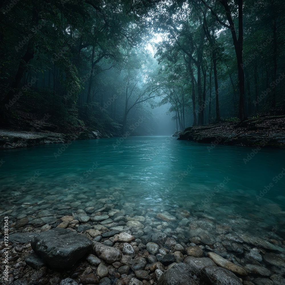 Fototapeta premium Adventure in a steamy jungle with turquoise river nature's embrace green trees atmospheric light
