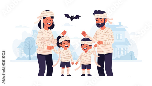 Mummy Family Halloween: A happy family, dressed as mummies, joyfully prepares for Halloween. Includes a bat and haunted house in a vibrant.