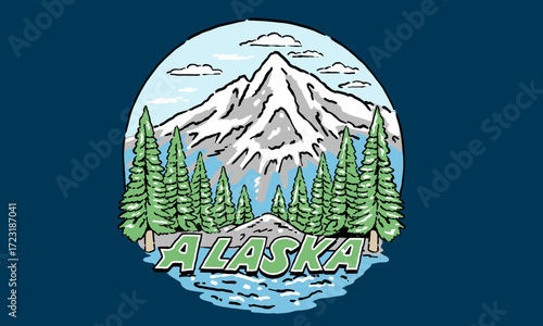 vintage illustration of an Alaska mountain and forest landscape. Retro artwork for a travel t shirt print or sticker