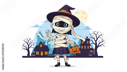 A Mummy Girl for Halloween: An adorable mummy girl, dressed in bandages and a witch hat, trick-or-treats against a spooky backdrop, a spirited celebration of All Hallows' Eve.