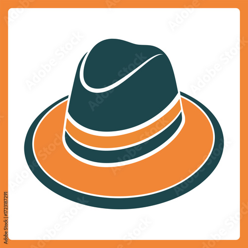 Teal fedora hat with orange band and brim on white background Keywords: hat, fedora, fashion, style, accessory, headwear, vintage, retro, classic