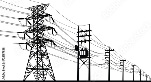 A detailed silhouette of a high-voltage power transmission tower with a complex network of electrical poles and lines, representing the modern energy grid