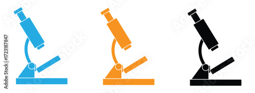 Vector art of three microscopes are presented in different colors against a, showcasing a blue, an orange, and a black version of the scientific instrument