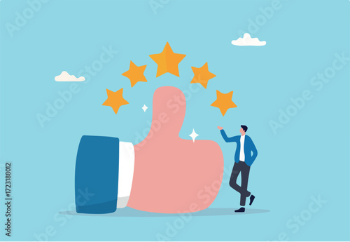 Best star rating, high quality product or good quality service, excellence customer feedback, user experience or five stars ranking concept, young business owner with big thumb up and 5 stars rating.