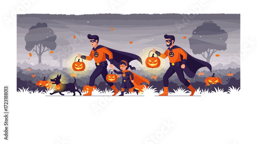 Halloween Family Parade: A heartwarming scene of a family, dressed in Halloween costumes, gleefully walking on a pathway holding lit jack-o'-lanterns during a chilly Autumn evening.