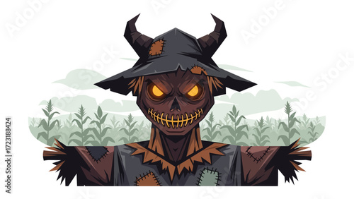 Spooky Scarecrow with menacing expression: This vibrant illustration captures a menacing scarecrow with glowing eyes and a terrifying visage, evoking a sense of eerie dread in a field setting. 