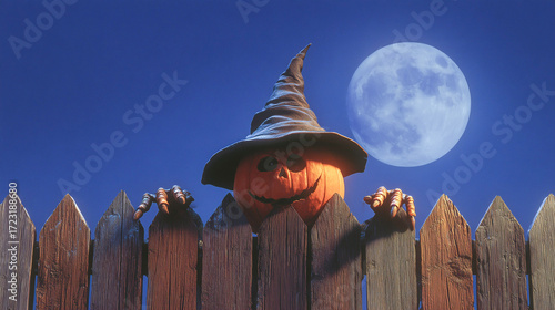 Orange Pumpkin with Black Witch Hat and Clawed Hands Gripping Dark Wooden Fence Under Full Moon at Night