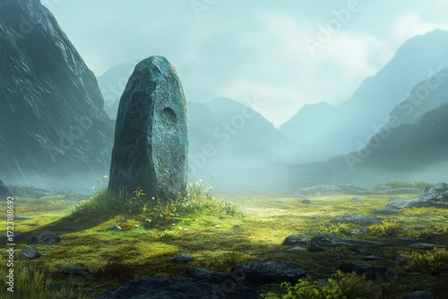 Large stone sits in a grassy field with mountains in the background. The scene is peaceful and serene, with the stone acting as a focal point in the landscape