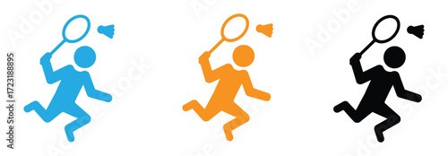 Set of badminton player silhouette. Male badminton players various action poses against. Isolated on white background. Vector illustration