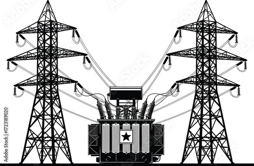 Silhouette of a massive electrical power transformer substation connecting high-voltage transmission towers, symbolizing global energy infrastructure and power generation