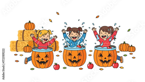 Joyful Halloween: Playful children with raised arms and beaming faces, nestled within carved pumpkin barrels.