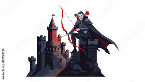 Vampire and Castle Illustration: A mysterious vampire in a gothic setting, perched atop a stone structure. with bow and arrow in hand, surveys his domain, against the backdrop of a towering castle.