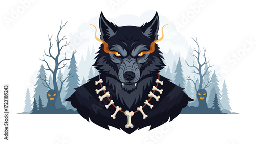 Mystical Wolf Illustration: A captivating illustration of a powerful wolf with glowing eyes and a bone necklace, set against a backdrop of an eerie forest, exuding an aura of mystique.