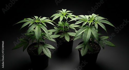 Trio of cannabis plants in pots symbolizing growth and potential