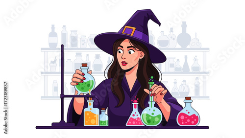 Witch Crafting Potions: A captivating illustration of a witch, engrossed in concocting magical potions within a mystical laboratory, surrounded by bottles and vials.