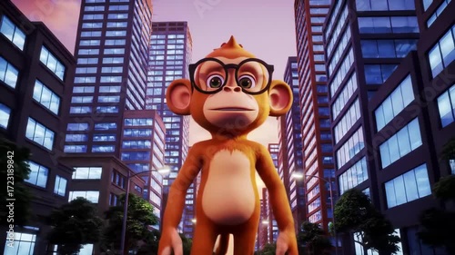 A cartoon monkey wearing glasses stands in a city street, surrounded by tall buildings.