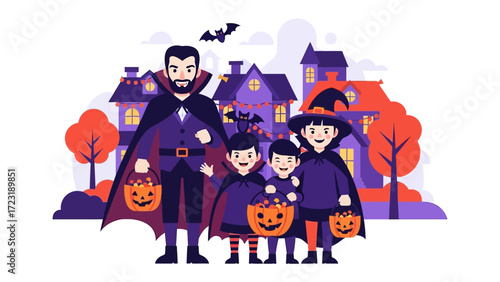 Halloween Family Celebration: A vibrant cartoon illustration of a family dressed up in Halloween costumes, filled with smiles and delight, embodying the spirit of fun.