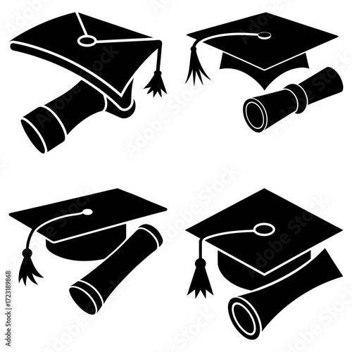 Four graduation caps with tassels and diplomas in black silhouette on a white background illustration