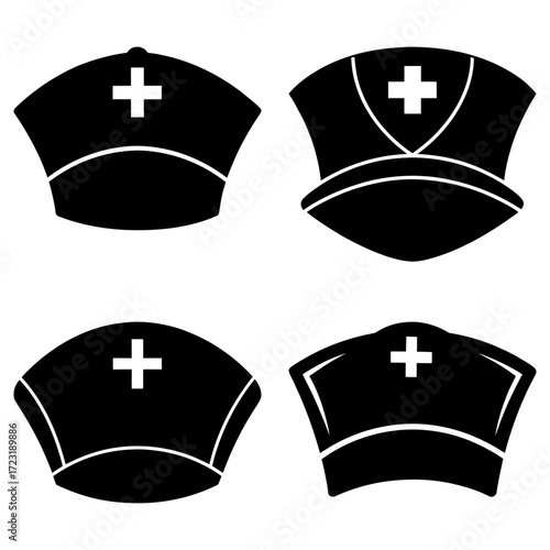 Four black nurse hats with white crosses in a grid arrangement on a white background in vector format