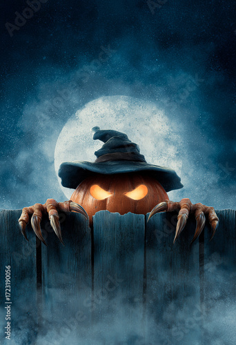Orange Pumpkin with Black Witch Hat and Clawed Hands Gripping Dark Wooden Fence Under Full Moon at Night