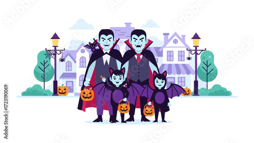 Spooky family on Halloween: A cartoon illustration of family in vampire costumes, stands against backdrop of haunted houses on Halloween evening. This image evokes spooky family tradition.