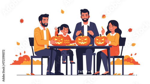 Family Carving Pumpkins: A family joyfully engages in the Halloween tradition of carving pumpkins. This illustration depicts the beauty of togetherness and the excitement of the festive season.