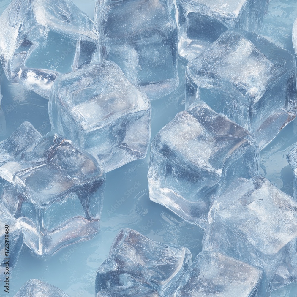 Obraz premium Photorealistic Seamless Frozen Ice Cubes Melting on Wet Blue Surface