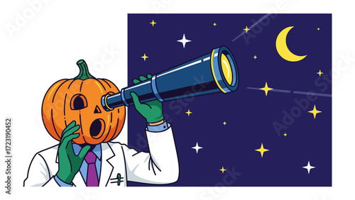 Pumpkin Scientist Gazing: A whimsical illustration depicts a scientist with a pumpkin head peering through a telescope at a starry night sky, evoking a sense of curiosity, wonder.