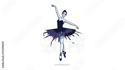 Ethereal Ballet Dancer in Motion: A graceful ballet dancer is captured mid-leap, in a classic pose, against a backdrop of delicate lines, evoking emotion and movement. 