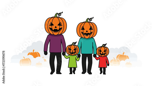 Jack O' Lantern Family Portrait: A quirky family portrait, each member adorned with a smiling jack o' lantern head, set against a whimsical background