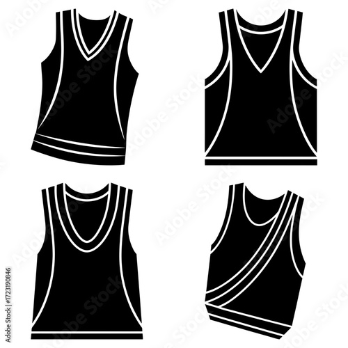 Four black and white sleeveless shirts with different designs and white trim on a white background
