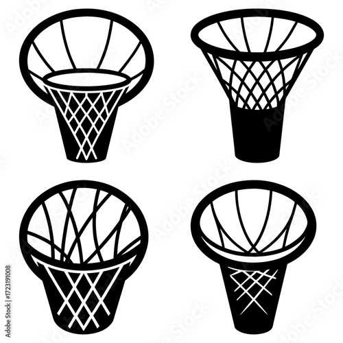 Four basketball hoops with nets in black and white showcasing different perspectives and net styles