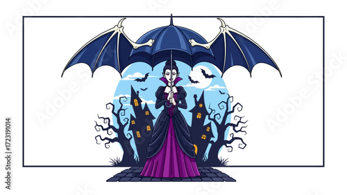 Enchanting Evil: A whimsical illustration that showcases an enigmatic vampire with bat-wing parasol and a spooky castle, a perfect scene for halloween.
