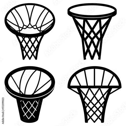 Four basketball hoops with nets in varying styles and perspectives presented in a monochrome graphic design