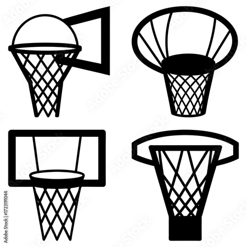 Collection of four black and white basketball hoops with nets in varied shapes and styles showing detail