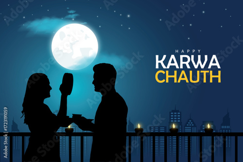 Indian Hindu Festival happy Karva Chauth background with couple doing Karwa Chauth. Creative vector illustration.