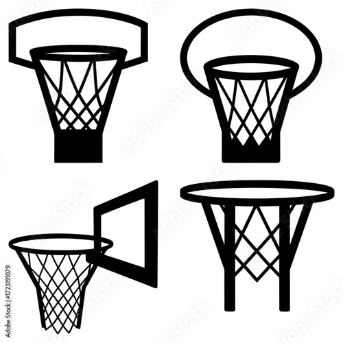 A collection of four basketball hoops with nets in black and white vector illustration style image art