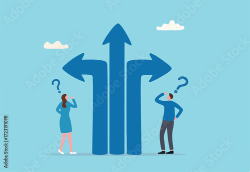 Direction choice, crossroad or decision for career path, choosing path way, challenge or opportunity doubt, determination or tough decision concept, business people thinking on difference career path.