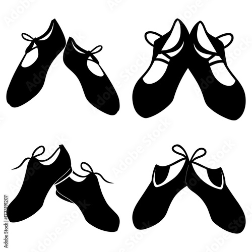 Four pairs of black ballet and tap shoes arranged in a square formation on a white background image