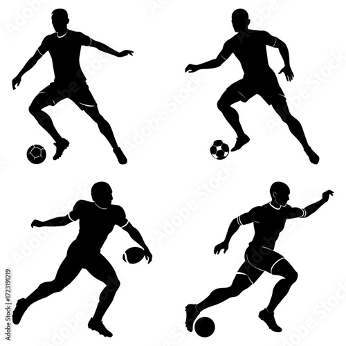 Silhouettes of soccer and american football players in action poses with balls on a white background