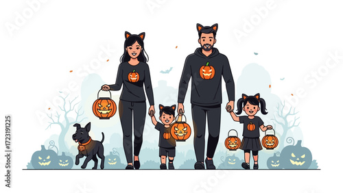 Halloween Family Fun: A cartoon family dressed in matching outfits joyfully celebrates Halloween, trick-or-treating with lanterns, alongside a friendly dog.