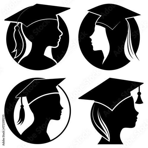 Four graduation cap silhouettes in circles showcasing academic achievement and student success symbols