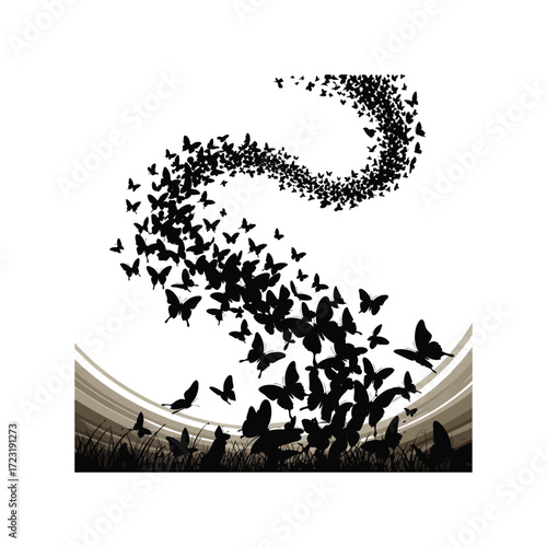 Butterfly Swarm Silhouette Vector Illustration Black Design A captivating black vector illustration featuring a dynamic swarm of butterflies in silhouette.