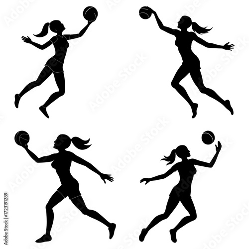 Silhouetted volleyball players in action poses with ball on white background showcasing athleticism and teamwork
