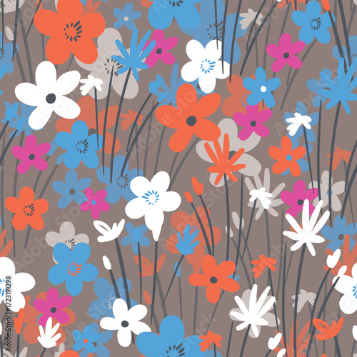 Seamless floral pattern based on traditional folk art ornaments. Colorful flowers on color background. Scandinavian style. Sweden nordic style. Vector illustration. Simple minimalistic pattern.