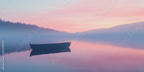 Boat is floating on a lake with a beautiful pink and purple sky in the background. The scene is serene and peaceful, with the boat being the only object in the water