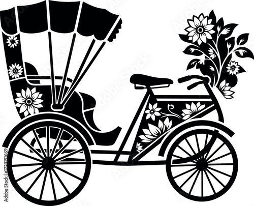 A black and white silhouette of a Rickshaw in a carriage high quality stock photo background perfect for creative commercial and editorial use.