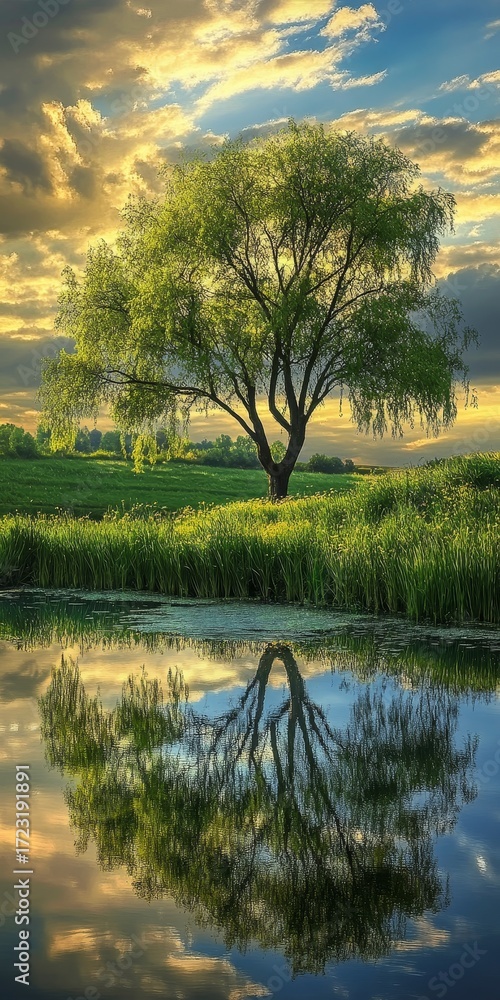 Obraz premium Tree is reflected in the water of a pond. The sky is cloudy and the sun is setting